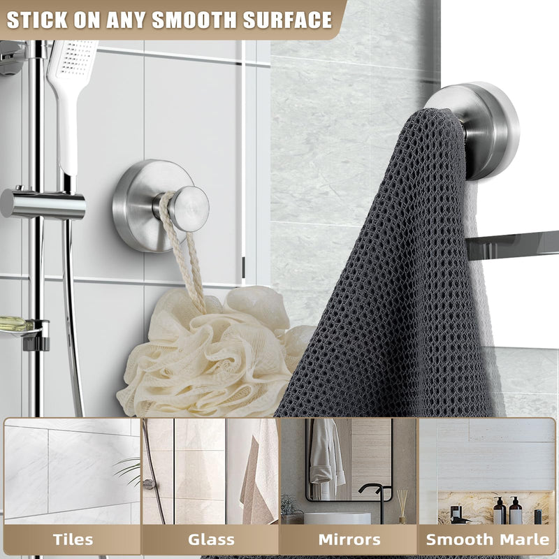 Suction Cup Hooks for Shower No-Drill Bathroom Hooks for Towels, Robes, Loofah Mountable on Bathroom Walls, Kitchen, Glass, Mirrors, Tile and Smooth,Non-Porous Surfaces (2, Brushed Nickel) 2