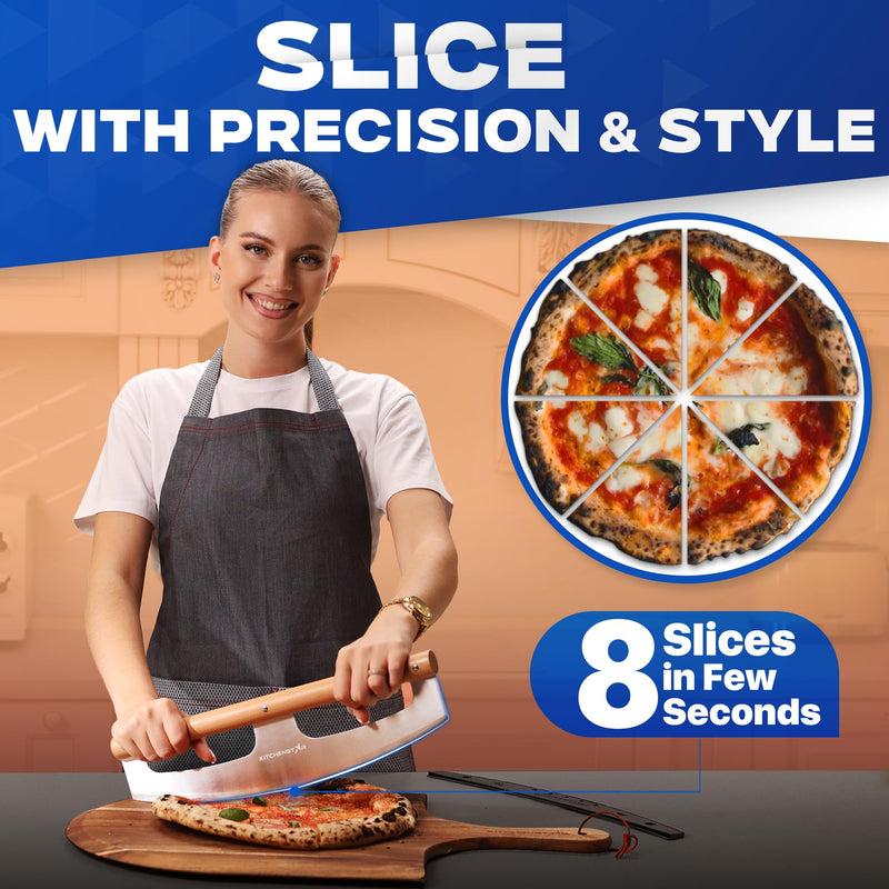 KitchenStar 14-Inch Pizza Cutter Rocker Blade - Razor Sharp Stainless Steel Slicer Knife, Stylish Beech Wood Handle, Protective Cover - Professional Pizza Oven Accessories, Silver 14 inch a) Silver