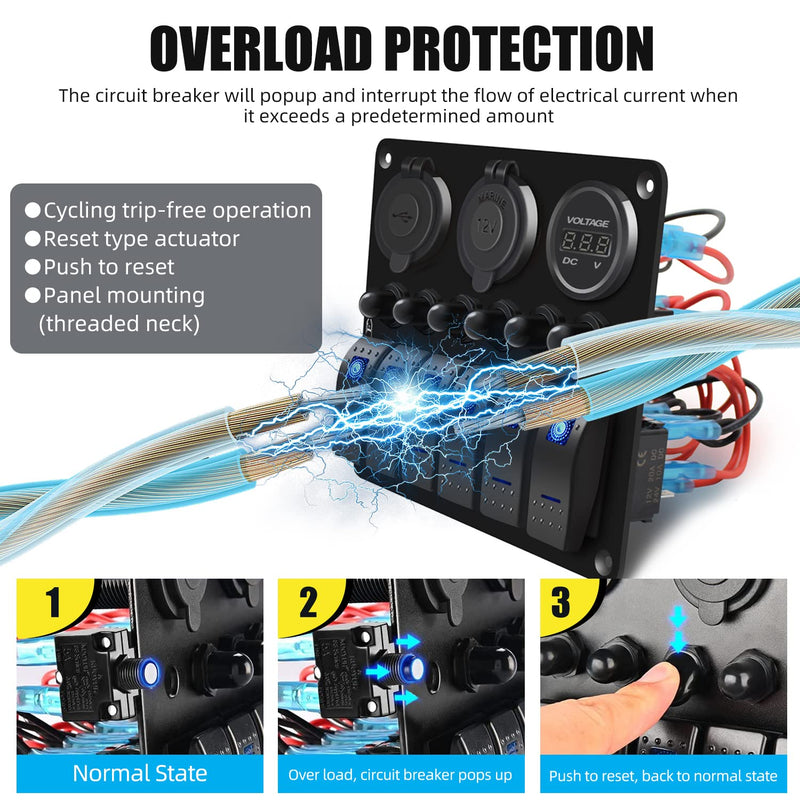 FXC Waterproof Marine Boat Rocker Switch Panel 6 Gang with QC3.0 USB & Type-C Slot Socket + Cigarette Lighter +LED Voltmeter with Overload Protection for Car Rv Vehicles Truck (6 Gang Green LED)