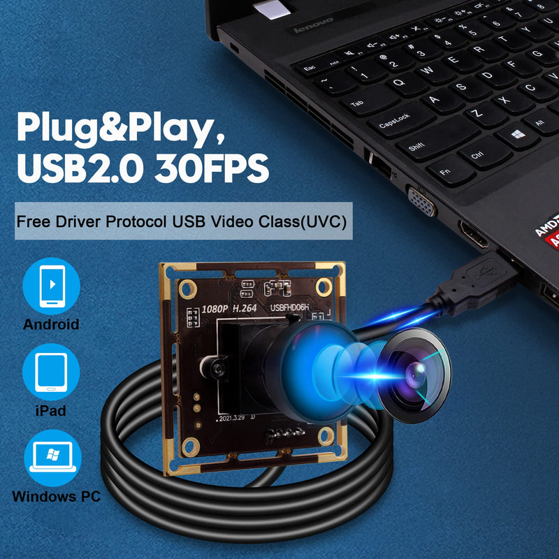 1080P USB Camera Module for Video Conferencing, 2MP IMX323 with 170 Degree Fisheye Lens, H.264 Format and Low Light Performance for Computer, Linux, Android, Jetson Nano