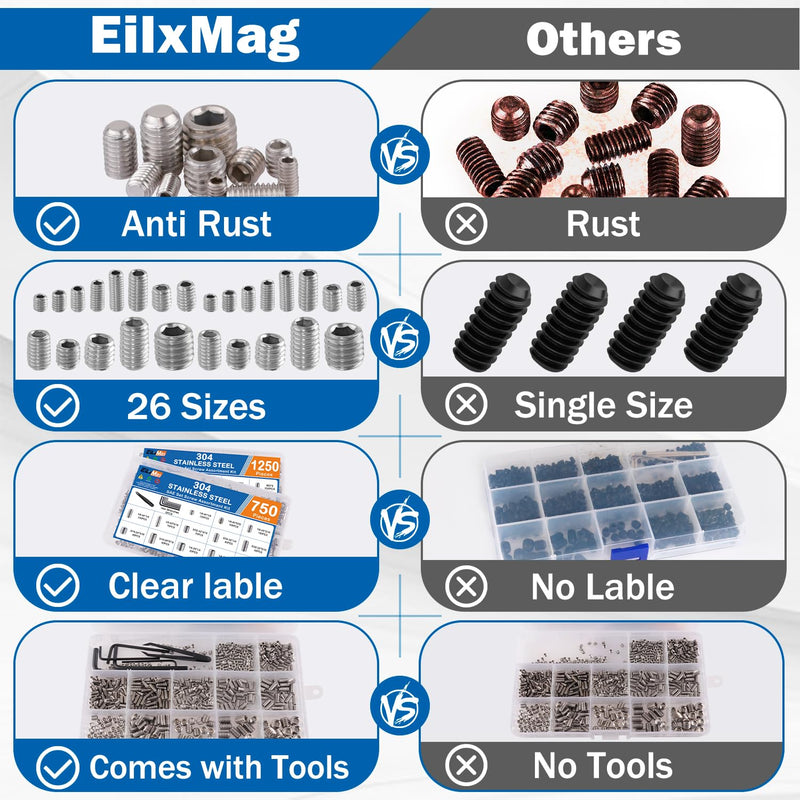 2000PCS Set Screws, 26 Sizes Metric & Sae Set Screw Assortment Kit, Allen Head Hex Socket Head Grub Screws for Bathroom Fixtures, Door Handles, 304 Stainless Steel (M3-M8, 1/8"-40 to 5/16"-18) 2000PCS-Silver