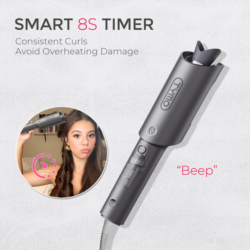 TYMO Hair Curler Automatic Rotating - CURLPRO, Curling Wand, Gray 1 inch | Ceramic Coating, Anti-Scald Curling Iron, Portable 500 Million Ionic, Dual Voltage, Beach Waver, Lightweight for Travel Metallic Gray