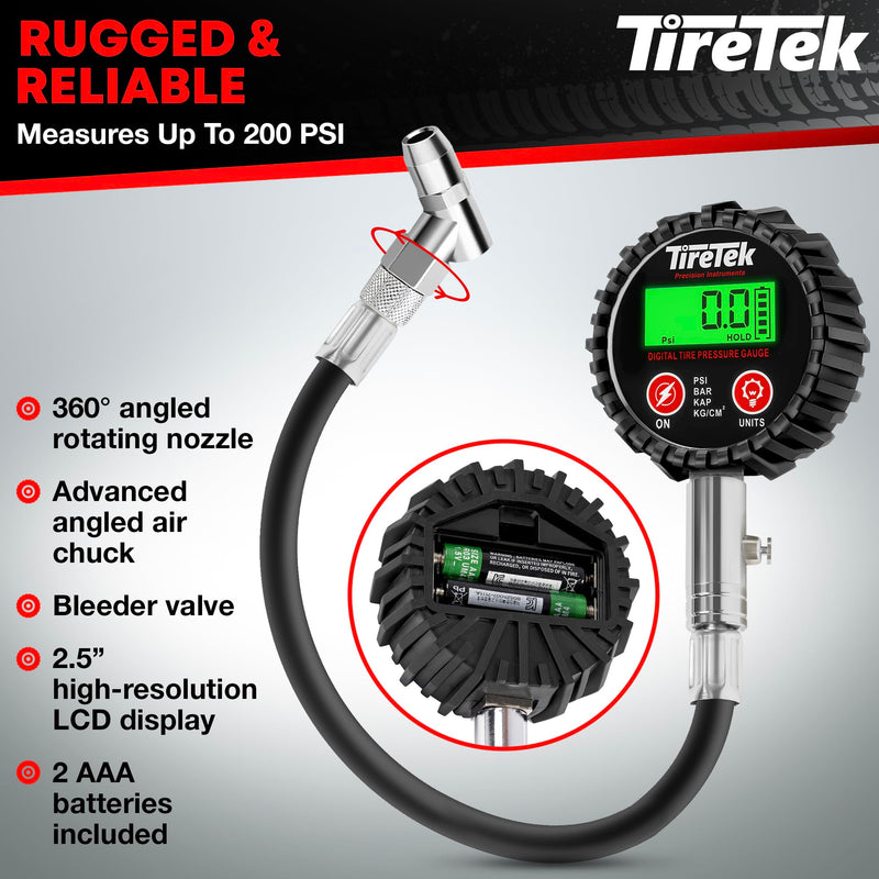 Digital Tire Pressure Gauge (200 PSI) - Heavy Duty Tire Gauge (Stainless Steel) - MotCertified ANSI - Air Gauge Tire Pressure - Easy to Read