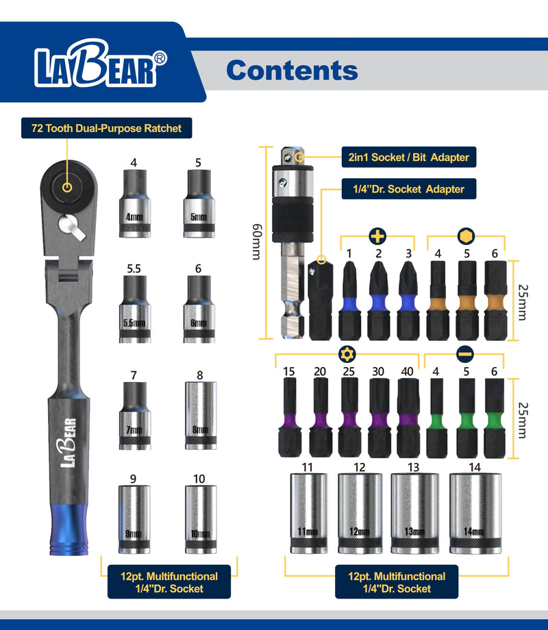 LaBear 29-Piece 1/4" Ratchet & 1/4'' Dr. Socket Set / 2-in-1 Bit & Socket Holder 1/4-inch S2 Impact Bits, Socket Adapter for home electronics, vehicles