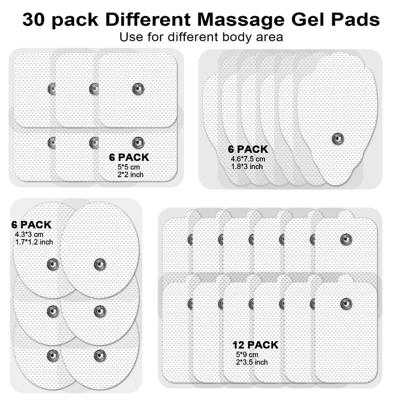 TENS Unit Electrode Pads 30PCS, 3.5mm Snap Replacement Pads Compatible with AVCOO, Belifu - 4 Assorted Sizes Reusable Self-Adhesive Electrodes for Muscle Stimulator Pain Relief