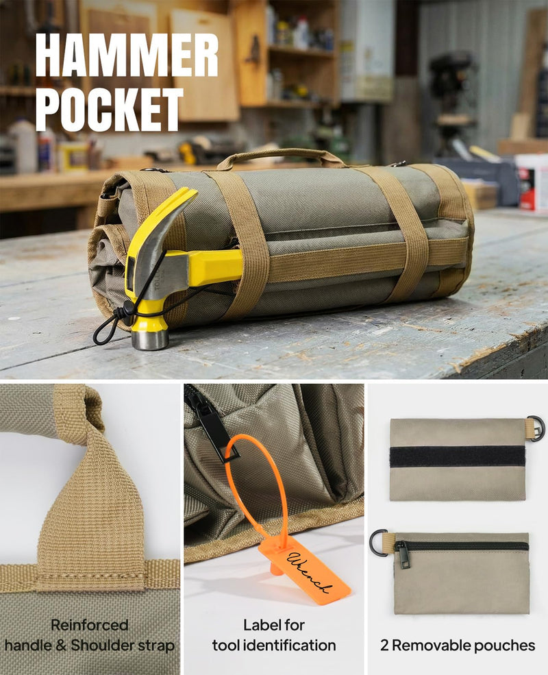 Tool Roll Up Bag, 1680D Heavy Duty Tool Bag Organizer with 2 Detachable Tool Pouches & Multiple Pockets, Waterproof Motorcycle Tool Roll for Mechanic & Electrician, Gift for Men Him Dad, 21.9"*13.8" Khaki