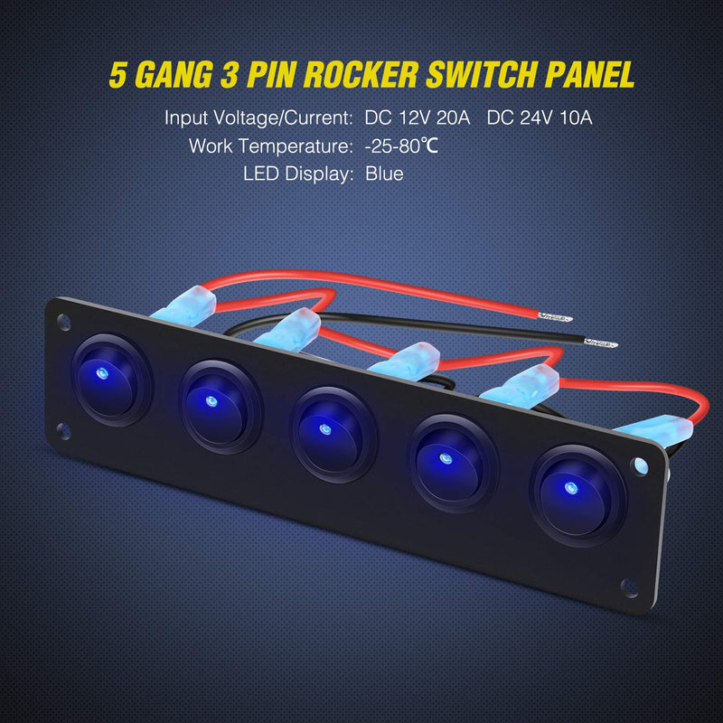 Nilight 5 Gang 3 Pin Rocker Switch Panel Waterproof On-Off Toggle Switches for Car Vehicle Trailer Truck SUV Marine Boat RV Ship 12V/24V 20A Blue
