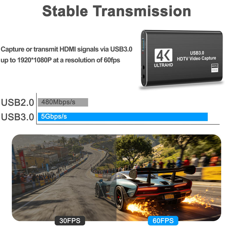 4K HDMI Capture Card, USB 3.0 Video Capture Card for Streaming | Wide Device Compatibility, OBS Compatible, 1080P 60FPS Recording Support