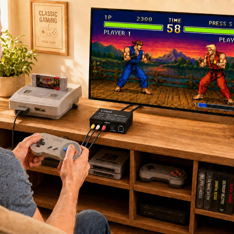 RCA/S-Video to HDMI Converter, Composite AV/Svideo to HDMI Adapter | 4:3/16:9/16:10/Full-Screen Modes, 480P/576P/720P/1080P Output, VCR/VHS/DVD/PS1/PS2/N64/Wii/GameCube/NES Classic Compatible