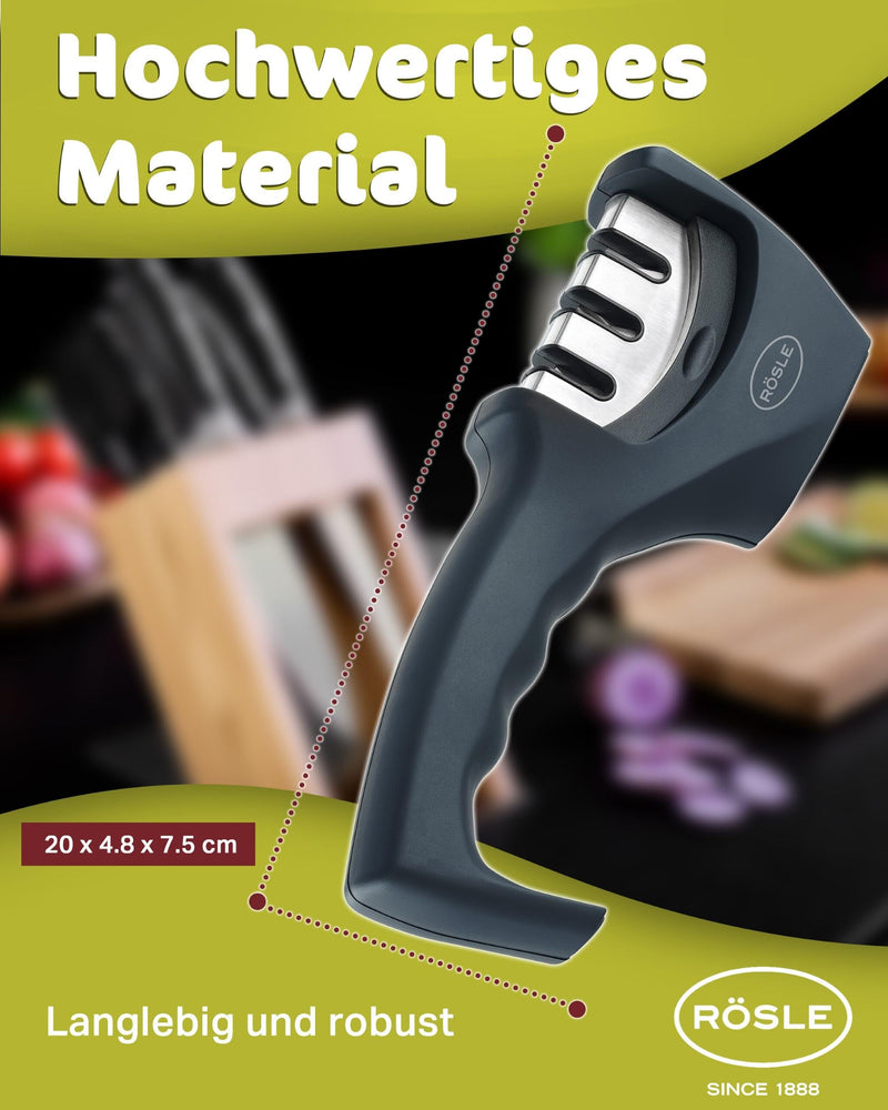 Rösle Knife Sharpener with 3 levels and Ergonomic Slip-Resistant Grip