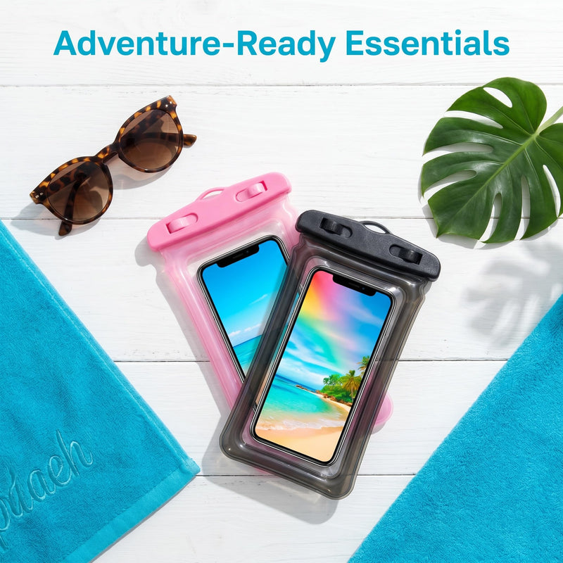 2 Pack Waterproof Phone Pouch Underwater Dry Bag Ultra-Clear Dual-Sided Touchscreen Case with Lock Seal for Swimming Snorkeling & Beach-Pink-Black Pink-Black