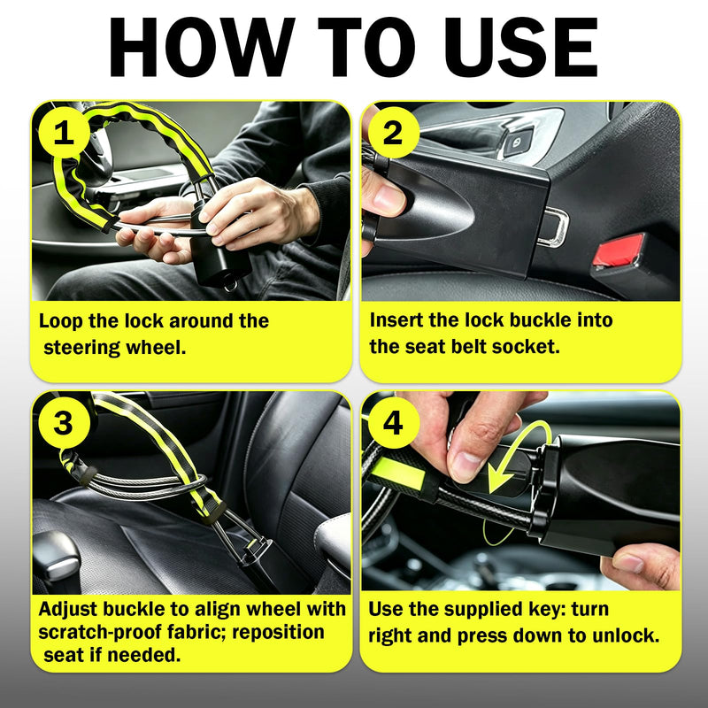 Steering Wheel Lock with Seat Belt Lock – Double Anti-Theft, High Visibility Reflective Strip, 3 Keys, Universal Fit for Cars, SUVs, Vans, Yellow and Black