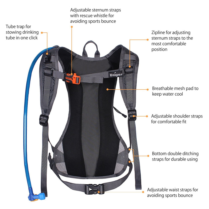 Unigear Hydration Pack Backpack with 70 oz 2L Water Bladder for Running, Hiking, Cycling, Climbing, Camping, Biking Gray