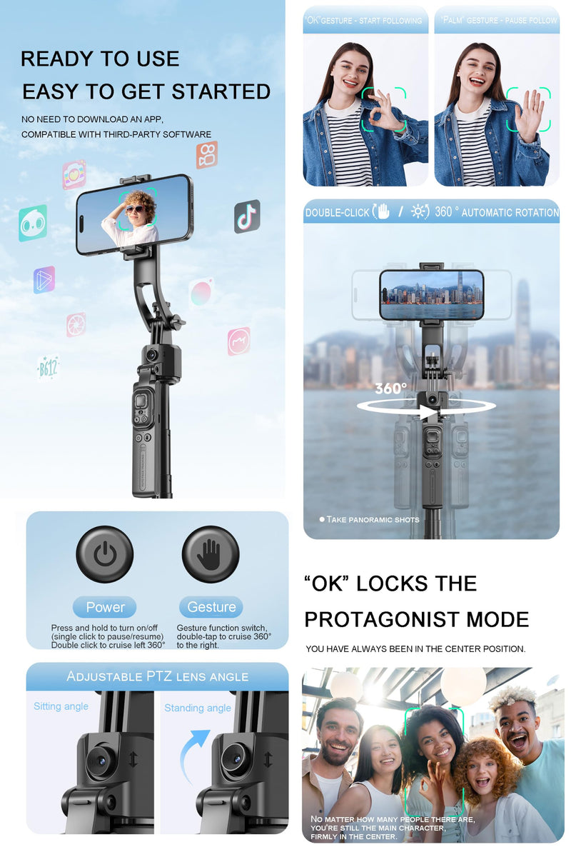 Auto Face Tracking Tripod with Light and Remote 64", No App | 360°Rotating Tripod Selfie Stick for Tiktok YouTube Vlog Live Streaming Video Recording, for iPhone/Cell Phone/Android/Camera