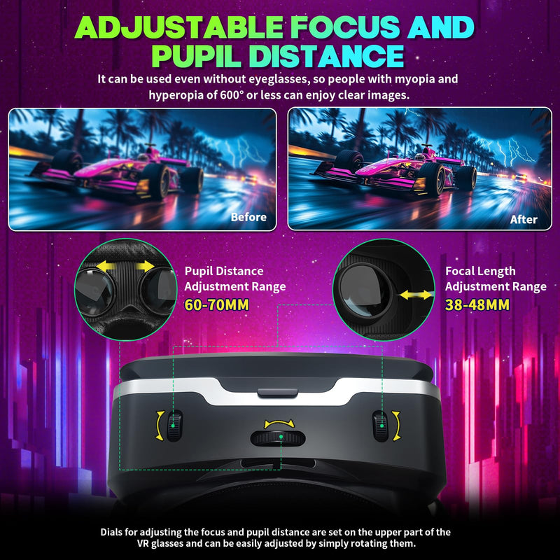 VR Headset with Bluetooth Remote for 4.7-7" iPhone & Android Phones, HD Aspheric Lenses, Adjustable Focus & Pupil Distance, Heat Dissipation Design