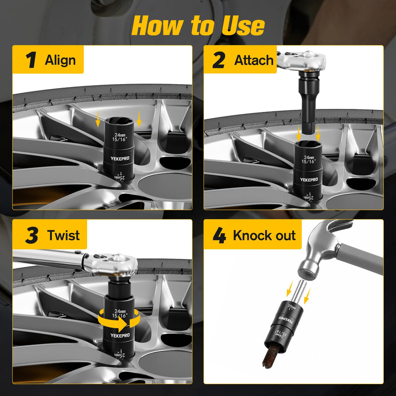 6PCS 2-in-1 Flip Lug Nut Extractor Socket Set, 1/2" Drive Nut Remover Kit, Double-Sided Impact Twist Sockets for Removing Stripped, Rusted & Damaged Lug Nuts, with Extension Bar & Knockout Pin