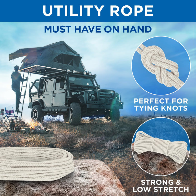 TECEUM 500lb Cotton Rope 3/16” (5 mm) – 50 FT | 100 FT– Strong All-Purpose Braided Rope – Natural Cotton – for Crafting, Сamping, Clothes Line, DIY, Indoor & Outdoor Use – Natural 50 feet