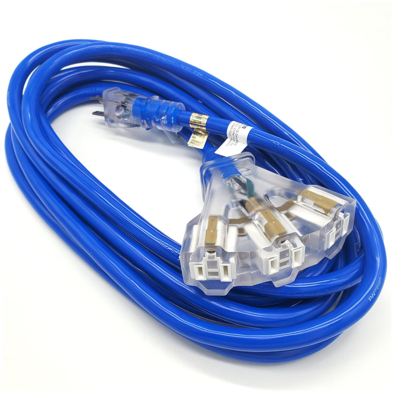 10 ft - 12 Gauge Heavy Duty Extension Cord - Lighted on Both Ends - SJTW Blue - Outdoor Extension_Cord Waterproof 10 ft by Premier Wire - 15 Amp ExtensionCord (10 Foot 12-Awg Power Cord Blue)