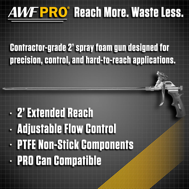 AWF PRO Spray Foam Gun – 2' Long Nozzle, High Precision, Adjustable Flow Control, Contractor-Grade Pro Applicator for Insulating Foam Sealant Non PTFE Coated Pack of 1