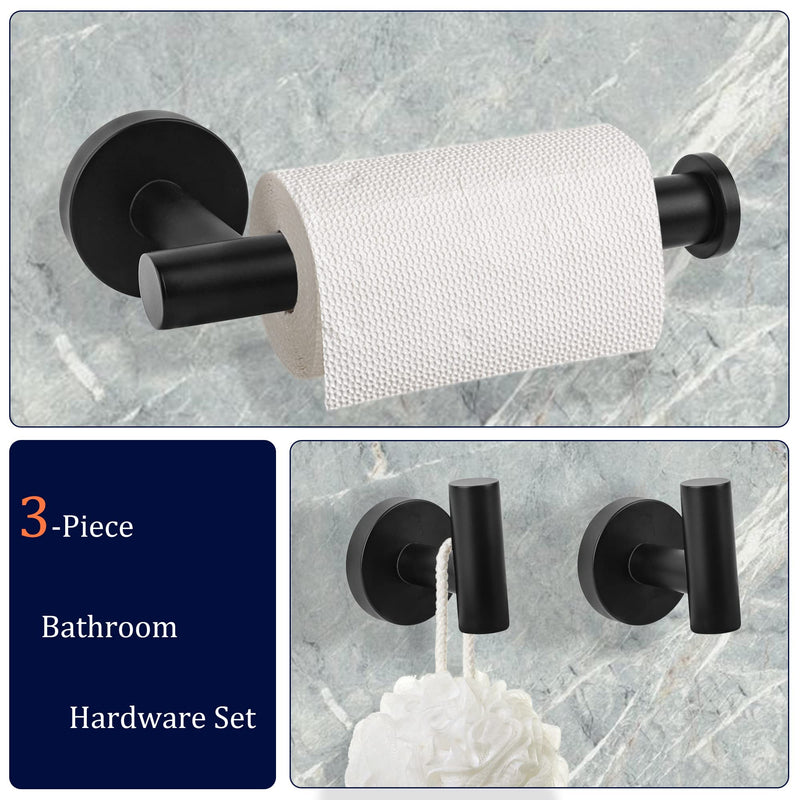 Matte Black Bathroom Hardware Set, Premium Stainless Steel 3-Piece Include 5 Inch Toilet Paper Holders and 2 Towel Robe Holder Hook for Bathroom, Kitchen, Washroom Wall Mount