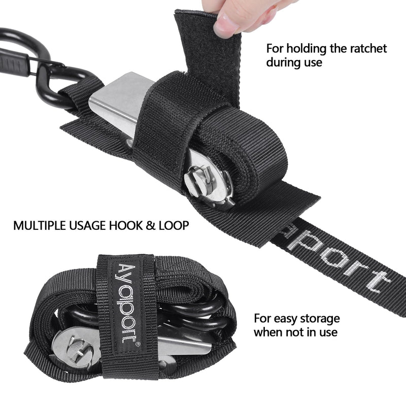 Ayaport Boat Tie Down Straps to Trailer (Stainless Steel Ratchet) 5 Feet, 2400lbs Break Strength Heavy Duty Ratchet Boat Straps, Boat Transom Straps Boat Trailer Accessories for Boating Safety, Black 1" x 5' -Stainless