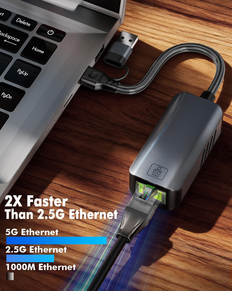5gb USB to Ethernet Adapter - 5000Mbps USB-A & USB C to RJ45 Network Converter 5g Fast LAN Ethernet Dongle for MacBook Air/Pro, HP, XPS, Laptop, Surface, iPad, iPhone 17/16/15 and Android Phone 5gb