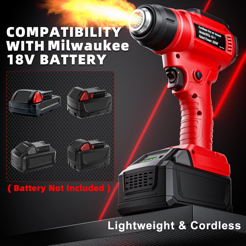 Cordless Heat Gun for Milwaukee 18V Battery, 350W 1022°F (550°C) Soldering Heat, Variable Temperature Control Hot Air Gun Kit with 4 Nozzles and Scraper, for Shrink Tubing, PVC Wrap(NO Battery) Red