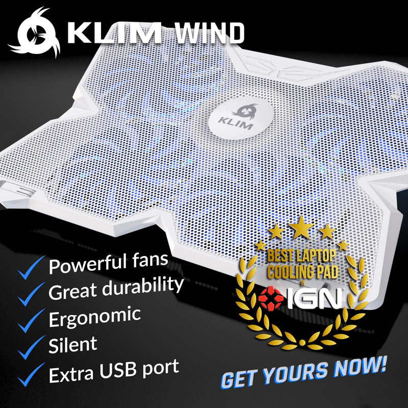 KLIM Wind Laptop Cooling Pad - More Than 500 000 Units Sold - New - The Most Powerful Rapid Action Cooling Fan - Laptop Stand with 4 Cooling Fans at 1200 RPM - USB Fan - PS5 PS4 - Full White