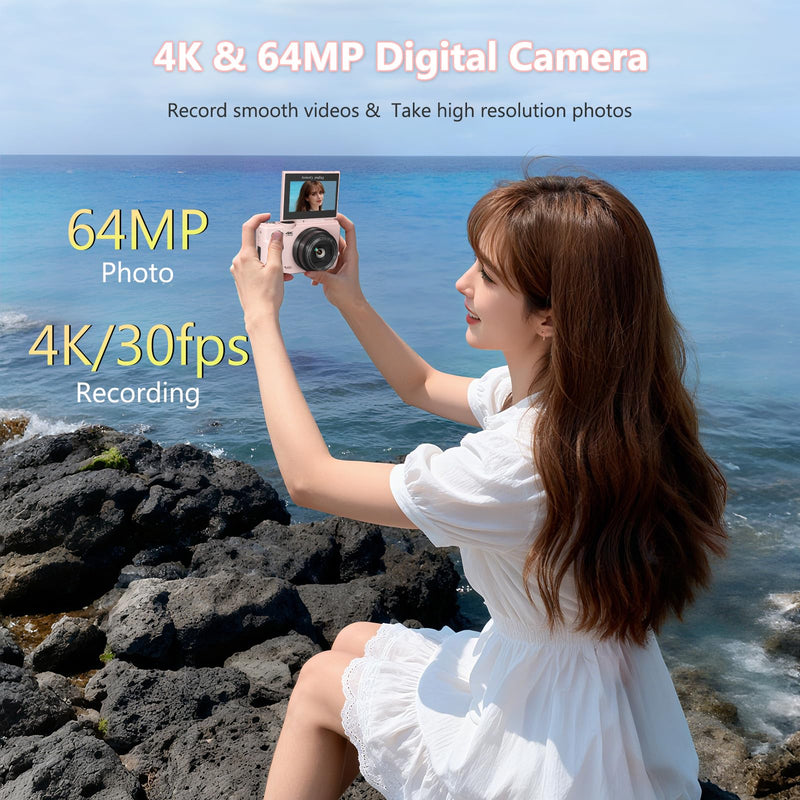 4K Digital Camera with 180° Flip Screen, 64MP Compact Vlogging Camera, Pink | Point And Shoot Camera with WiFi, 32GB SD Card, Easy To Use Digital Camera Kit for Travel and Beginners