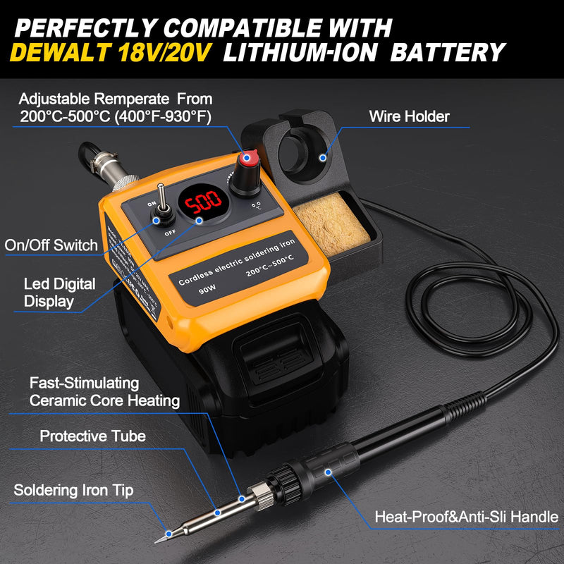 Cordless Soldering Iron Kit for Dewalt 20v 60v Battery,90W LED Digital Solder Iron Soldering Gun with 5pcs Tips,0.04” Solder Wire for any Hobby Enthusiast (Battery not included) For Dewalt Battery