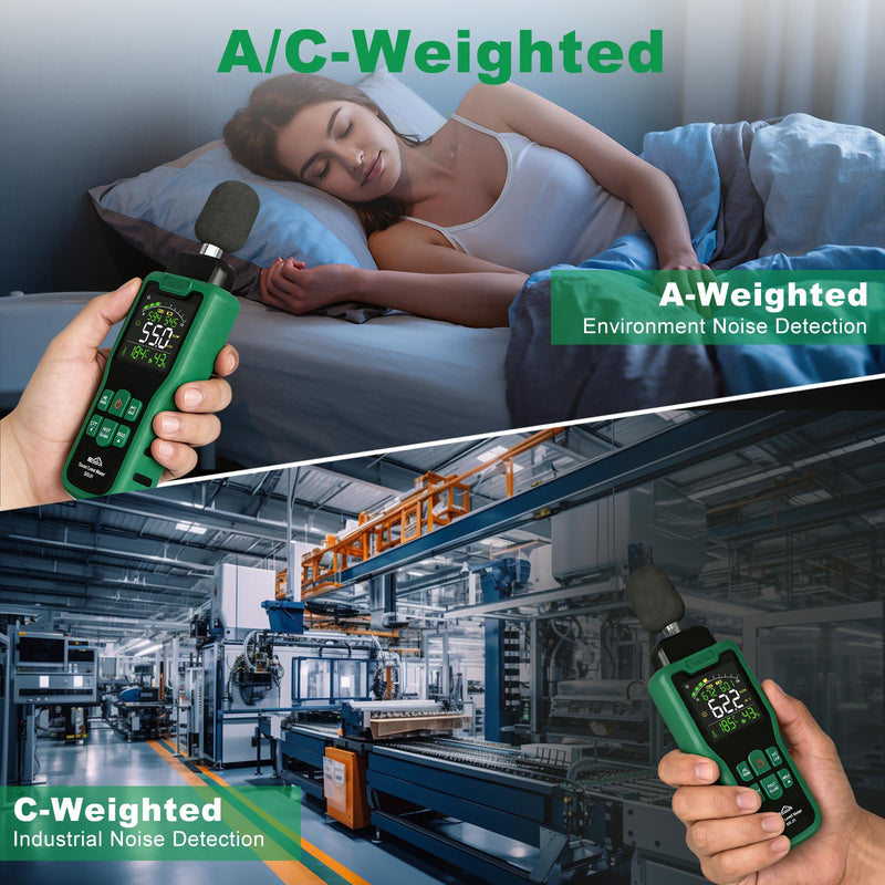 Decibel Meter, SQECH 30-130dB Sound Level Meter with Temperature & Humidity, SPL Meter with Color Backlit Display, A/C Weighted, dB/SONE Unit, FAST/SLOW Response, MAX/MIN, Data Hold, for Home/Factory