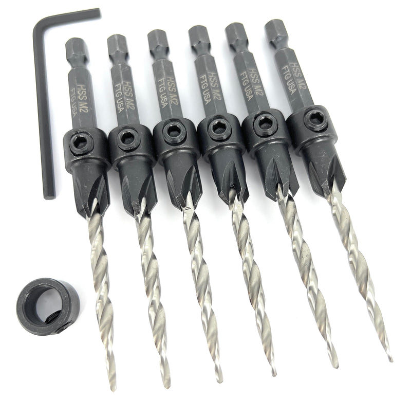 FTG USA 6 Pc #8 (11/64") Countersink Drill Bit Set with Tapered Drill Bits | 6 counter sink drill bit for wood, all same size. Includes 1 depth stop 3/8", 1 hex key; pre-drill woodworking boring tool Same Sort 6 Pc