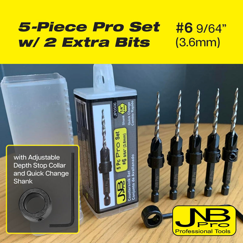 Countersink Drill Bit Set – 5pc Self-Centering Woodworking Bits with 4 Flutes, M2 HSS Material, 1/4" Hex Change, Depth Collar, Includes 2 Free Tapered Bits for Precision Drilling – #6 (9/64") 5 Pc #6(9/64")