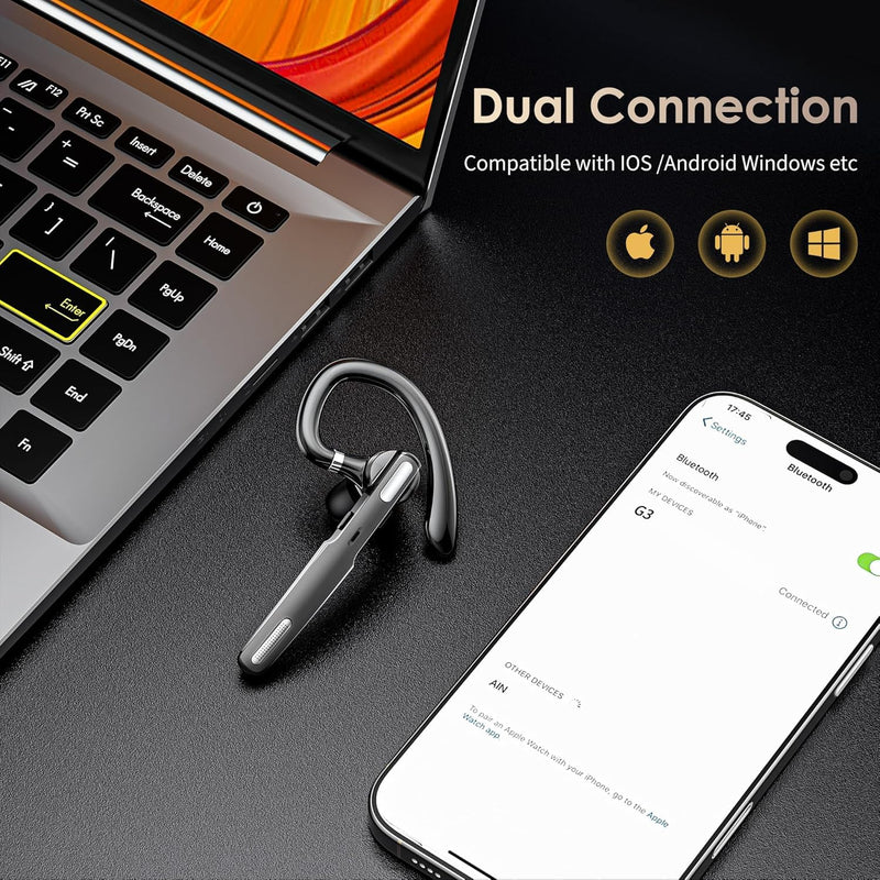 Bluetooth Earpiece V5.0 Wireless Headset, Hands-Free Single Earphone with HD Built-in Mic, Lightweight Comfort Fit for Driving Business Office, Universal Compatibility with iPhone Android All Phones