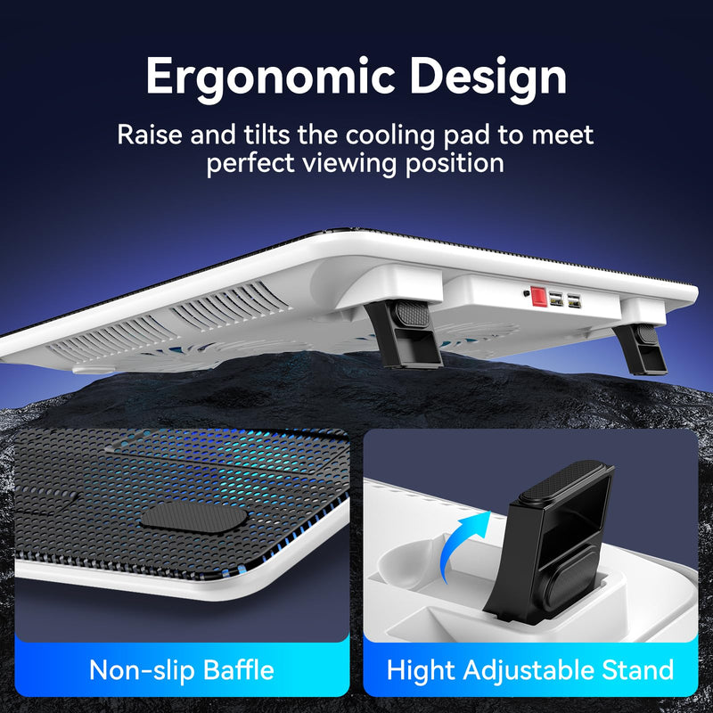 TECKNET Laptop Cooling Pad, Portable Slim Quiet USB Powered Laptop Notebook Cooler Cooling Pad Stand Chill Mat with 3 Blue LED Fans, Fits 12-17 Inches (White) White