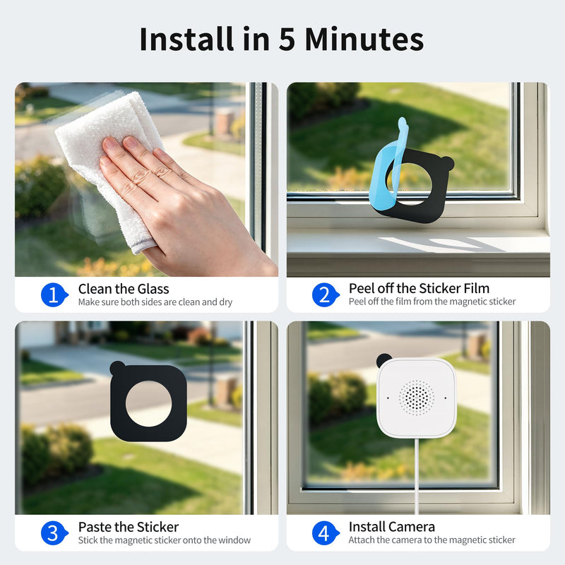 2K No-Drill Window Camera, WiFi Window Cameras for Home Security, 2 Pack | 2.4GHz & 5GHz WiFi, Anti-Glare, Magnetic Mounted, Color Night Vision, 24/7, Apartment Security, Human & Motion Detection
