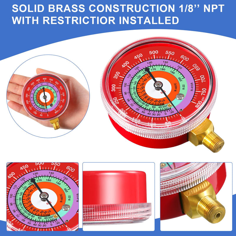 Relaxweex Refrigeration Pressure Gauge Kit R-134a, R-404a, R-2092, R-410a R-134a 0-800psi 1/8" Npt Lower Mount 30inhg-0-250psi, 250-500psi & 0-800psi Degree F Blue Dial & Red Dial (70mm(2-3/4" Dial)) 70mm(2-3/4" Dial)
