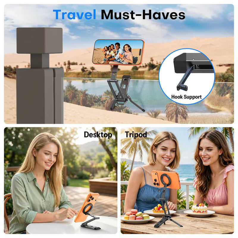 OMOTON TP06-E [3-Adjust] Sturdy Compact Magnetic Phone Tripod for iPhone 17 | Mini Phone Stand for MagSafe, Two 1/4" Screw& Arca, Fold Hook, Fits Vlog, Creators, Live, Women Men Gift, Travel Essentials 1-Black