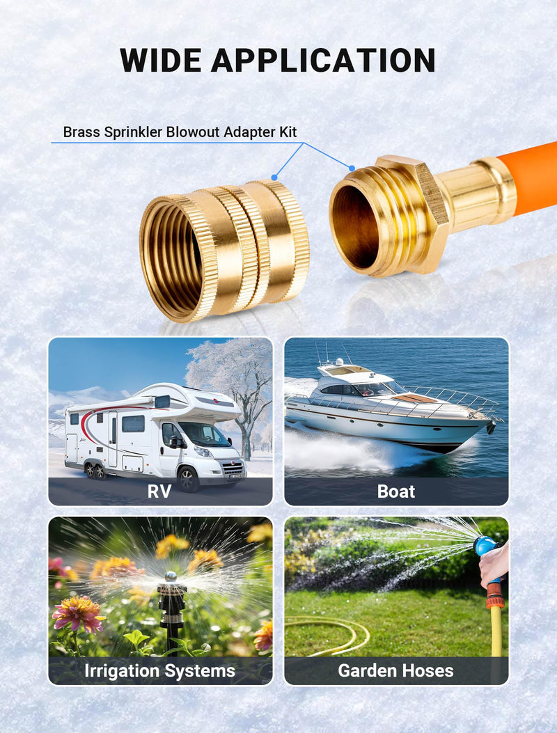 Brass RV Winterizing Kit with Pressure Guage, 17 Inch Garden Hose with 3/4" GHT Blow Out Fitting Adaptor & 1/4" NPT Quick Connect Plug, Sprinkler Blowout Adapter for Camper, Travel Trailer