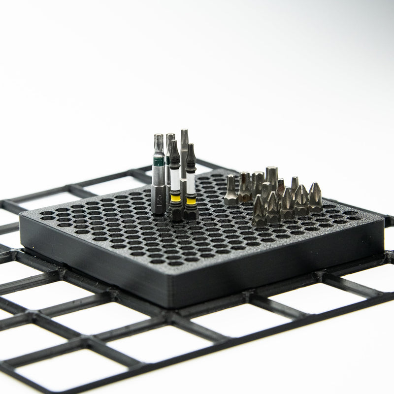 BOB'S TOOL COMPANY | Modular 1/4” Hex Bit Organizer System | 202-Slot Screwdriver/Driver Bit Holder for Toolbox & Workbench Storage | Gridfinity Compatible (Black, 126 mm x 126 mm) 202 Hex Slots - 126 mm x 126 mm Black