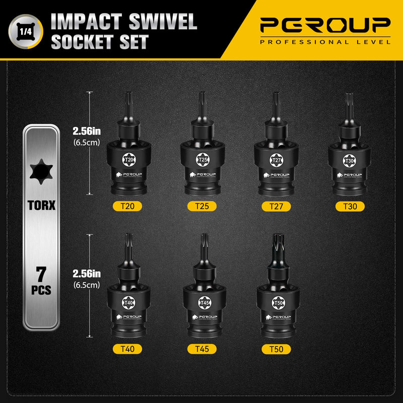 7PCS 3/8" Drive Universal Swivel Impact Torx Socket Set, T20-T50, CR-MO Wobble Star Sockets With Hanging Bracket for Dead Angles, Auto Repair, Mechanical Maintenance 7PCS 3/8" Drive