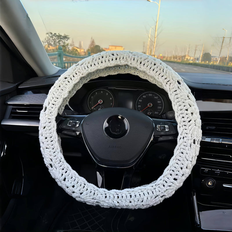  [AUSTRALIA] - Crochet Steering Wheel Cover, Sunflower Steering Wheel Cover, 14-15 inch, Universal fit, Boho Car Accessories, for Men, Women and Girly, White (A Wheel Cover) A wheel cover