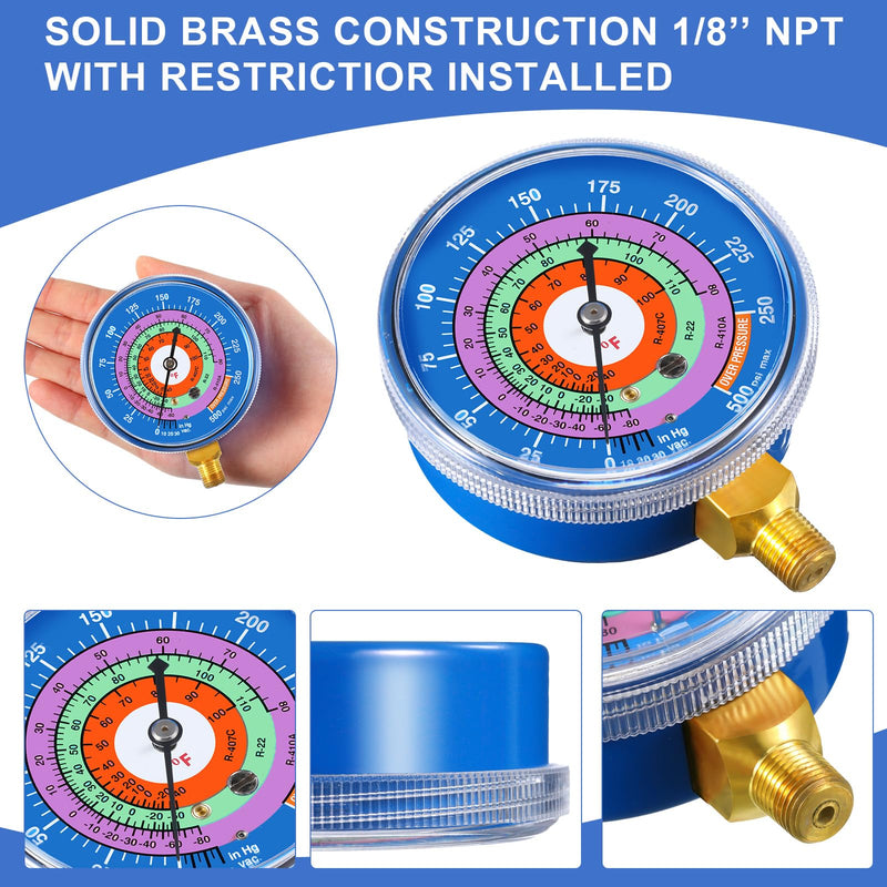Relaxweex Refrigeration Pressure Gauge Kit R-134a, R-404a, R-2092, R-410a R-134a 0-800psi 1/8" Npt Lower Mount 30inhg-0-250psi, 250-500psi & 0-800psi Degree F Blue Dial & Red Dial (70mm(2-3/4" Dial)) 70mm(2-3/4" Dial)