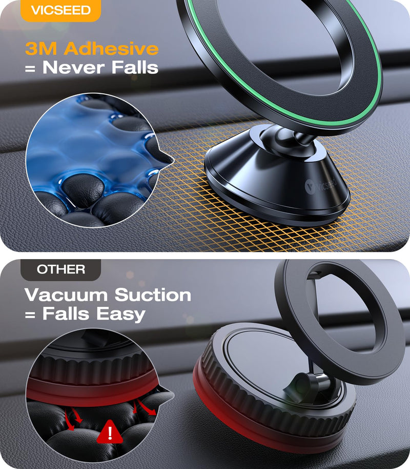 VICSEED Ultra Mini for MagSafe Car Mount Magnetic Phone Holder for Dash | All Metal, High & Low Temp Resistance, Strong Magnets, 360° Rotation Adjustable, for iPhone 17 Pro Max 16 15 14 13, Dashboard Flash Black