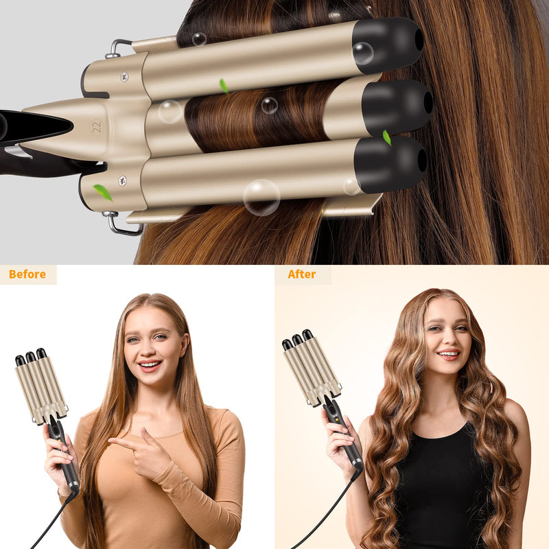 3 Barrels Hair Crimper, 22mm Curling Iron, Beach Mermaid Waves Hair Waver | Curling Tongs, Hair Curler with 2 Temperature Control Quick Heating, Waver Curling Wand for Long or Short Styling