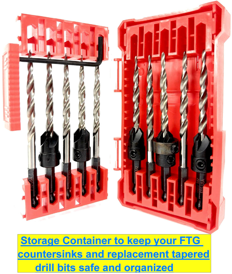 FTG USA 5 Pc #12 (7/32") Countersink Drill Bit Set with 5 Pc Replacement Tapered Drill Bits for Wood in Storage Container