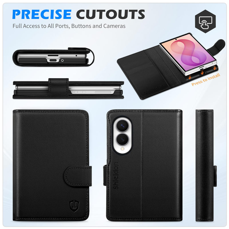 SHIELDON Genuine Leather Wallet Case for Galaxy Z Fold 8 (7.6" 2026), Black | Magnetic Closure, RFID Blocking, Credit Card Holder, Kickstand, Folio Design, Full Protection, Shockproof Phone Cover