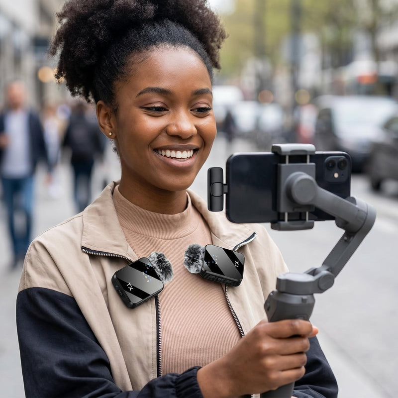 Wireless Earphone Microphone, Equipped With Lightning And Usb-C Adapters, Plug-And-Play Noise-Canceling Microphone, Suitable For Video Live Streaming, Interviews And Real-Time Streaming.