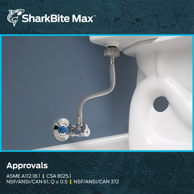 SharkBite Max 12 In. Stainless Steel Braided Toilet Connector with Angle Stop Valve, 1/2 Inch PTC x 7/8 Inch Ballcock, PEX Pipe, Copper, CPVC, PE-RT, HDPE, UR24656 12 in. SharkBite Max
