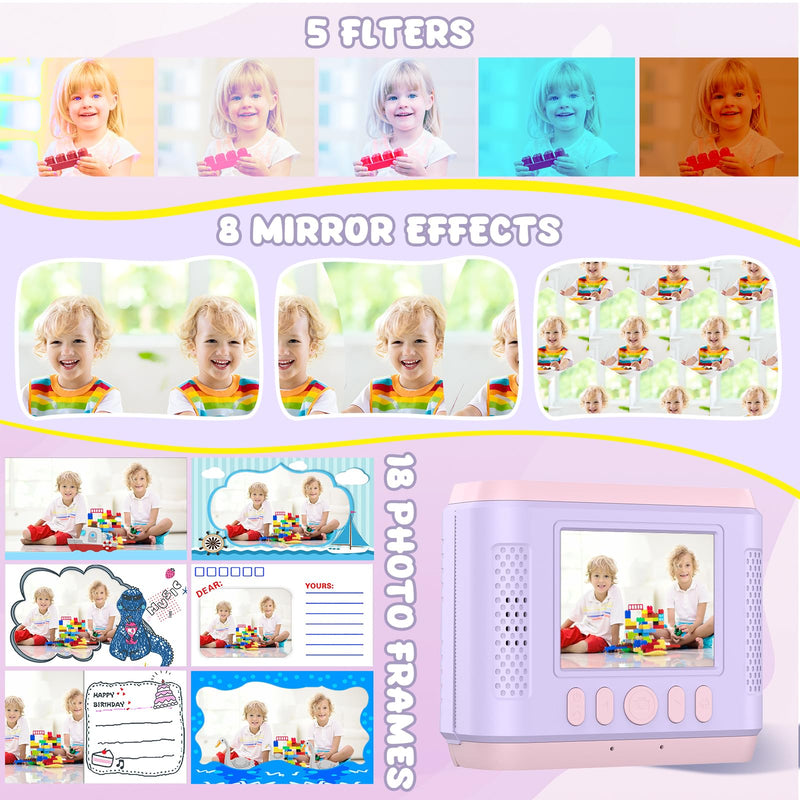 Instant Print Camera for Kids,2.4 Inch Screen Kids Instant Cameras,Christmas Birthday Gifts for Girls Age 3-12, Portable Toddler Toy for 3 4 5 6 7 8 9 10 11Year Old Girls Boys Pink